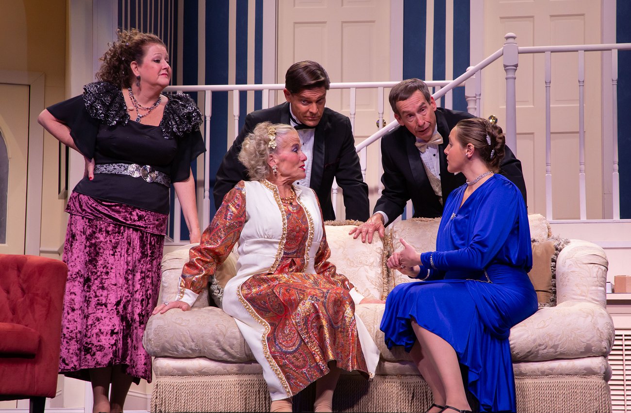 Claire (Rebecca Horn) Lenny (Mircea Oprea) Ernie (Christopher Wheatley) Cookie (Sheri Brinker) listen to Chris' (Hensley Fradkinas) story in Neil Simon's Rumors at The Wheeler Opera House in Aspen, CO - photo by Peggy Wilkie