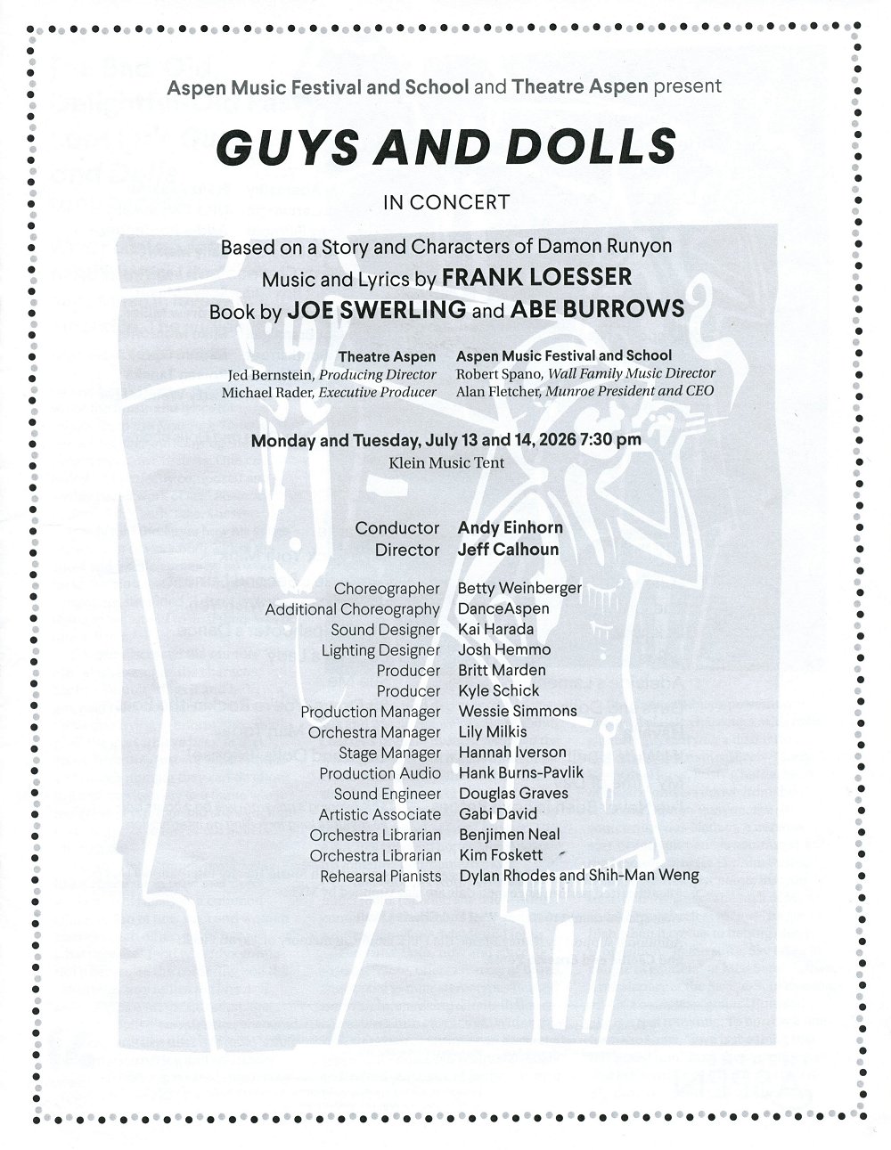 Guys and Dolls in Concert program cover from July 13, 14 2026