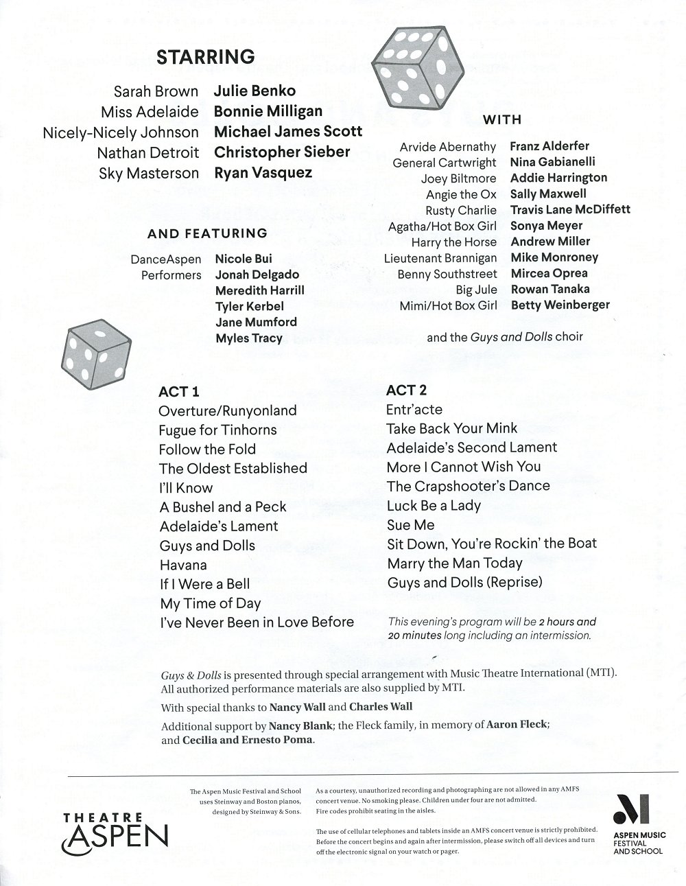 Guys and Dolls in Concert program first page from July 13, 14 2026