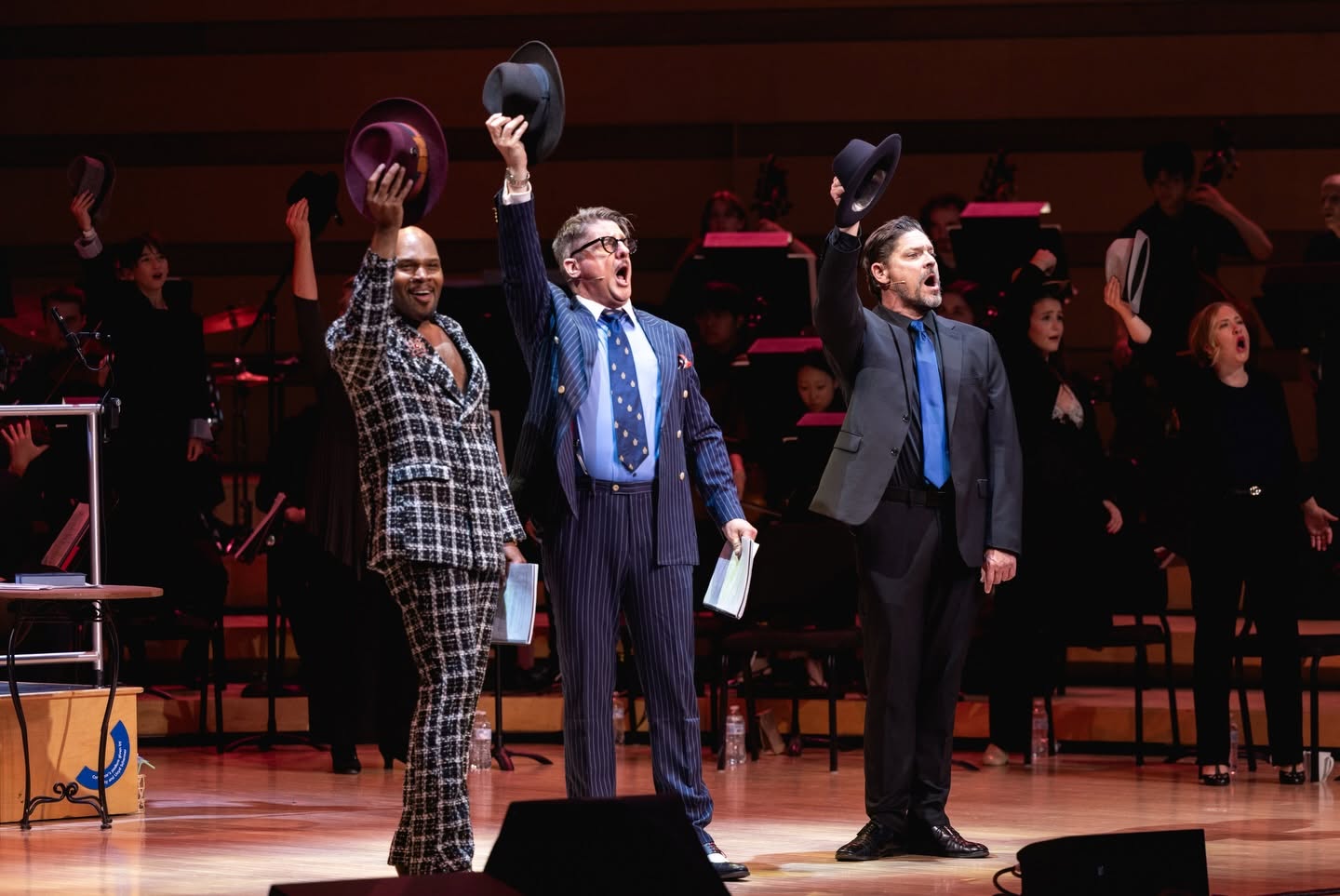 Mircea Oprea as Benny Southstreet, Michael James Scott as Nicely Nicely Johnson and Christopher Sieber as Nathan Detroit singing Oldest Establishment in Guys and Dolls July 14th in Aspen, CO