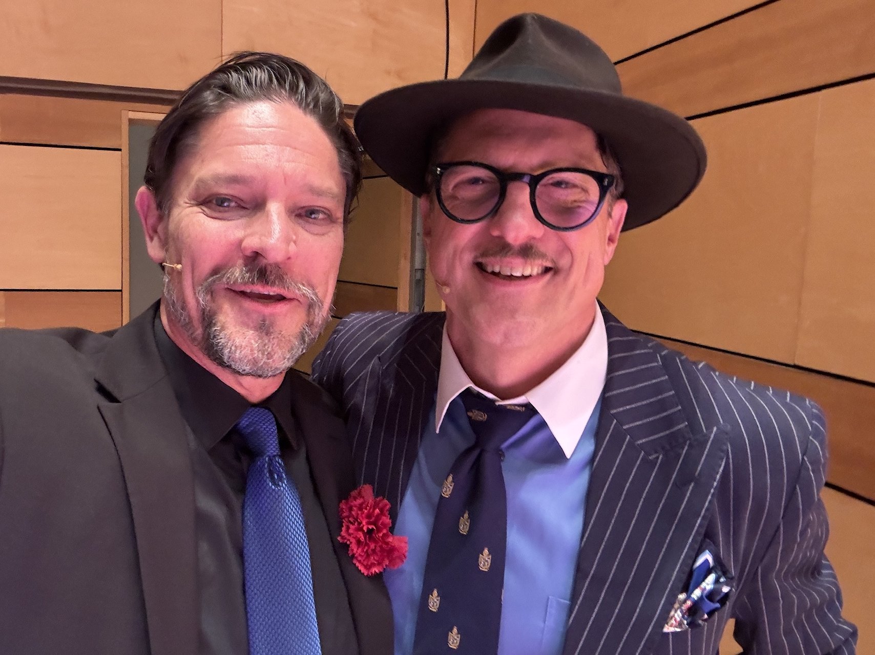 Mircea Oprea as Benny Southstreet and Christopher Sieber as Nathian Detroit stage right after last performance of Guys and Dolls in Aspen CO