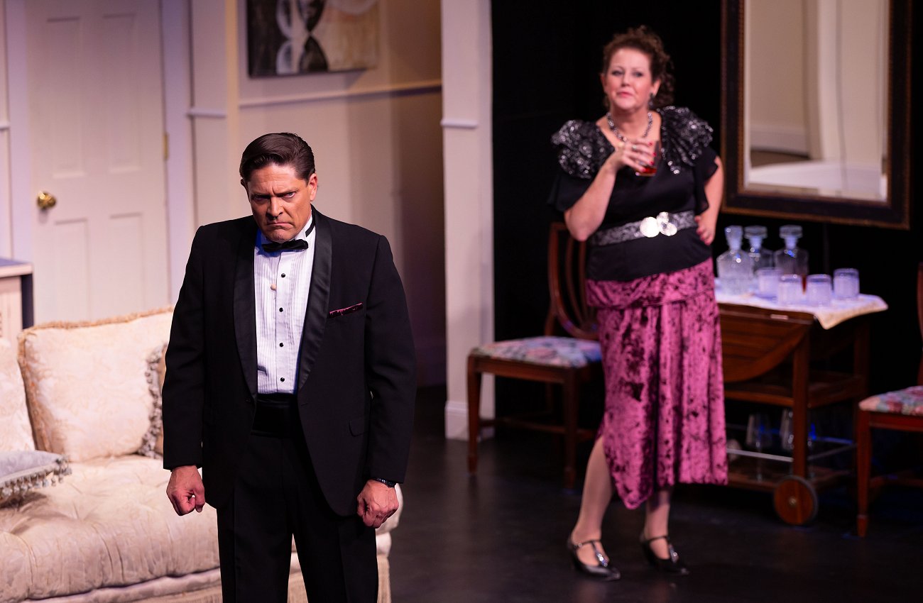 Mircea Oprea as Lenny Ganz and Rebecca Horn as Claire Ganz performing in Neil Simon's Rumors at The Wheeler Opera House in Aspen CO - photo by Peggy Wilkie