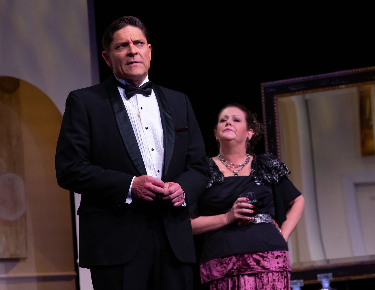 Mircea Oprea as Lenny Ganz and Rebecca Horn as Claire Ganz performing in Neil Simon's Rumors at The Wheeler Opera House in Aspen CO - photo by Peggy Wilkie