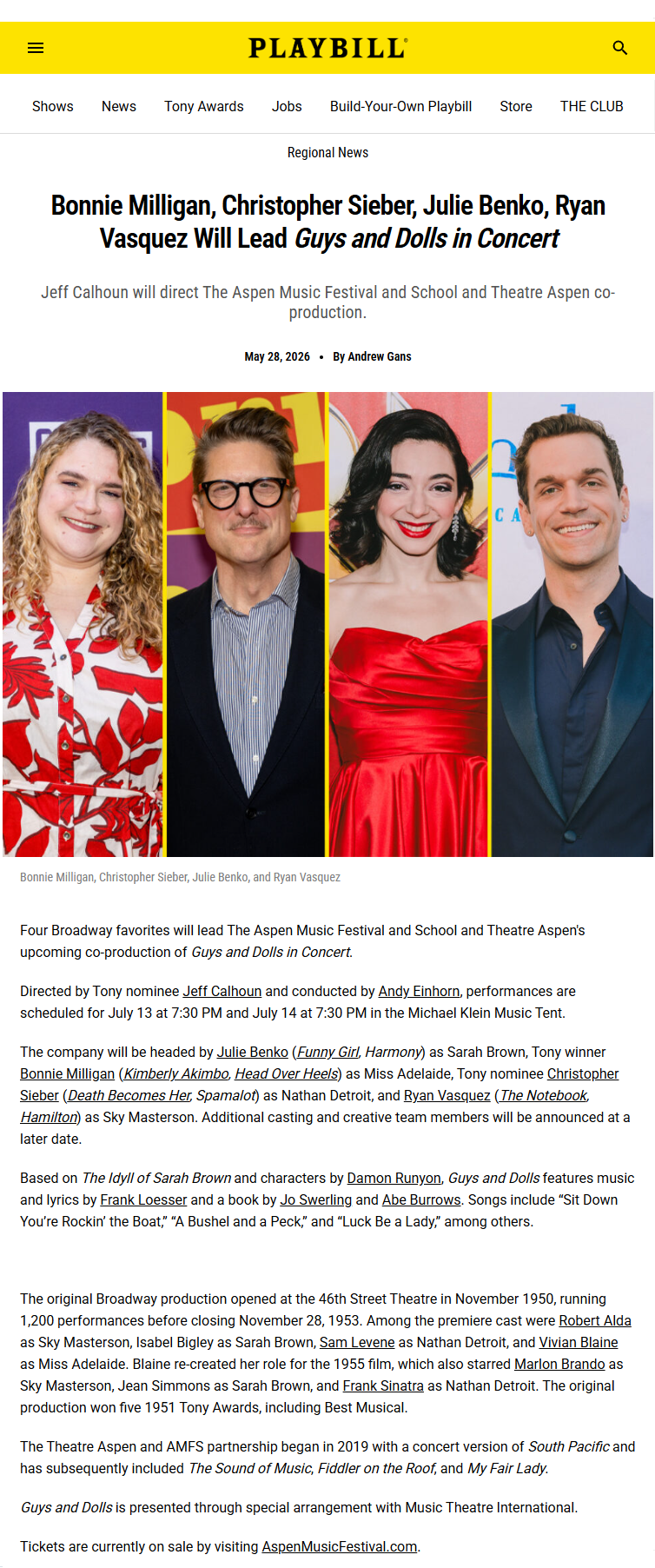 PLAYBILL Article May 28, 2026 by Andrew Gans Bonnie Milligan, Christopher Sieber, Julie Benko, Ryan Vasquez Will Lead <i>Guys and Dolls in Concert</i>